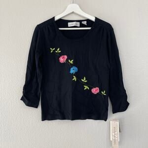 NWT Vintage Victoria Jones Women Black Floral Top Embroidered Cottage Size Small